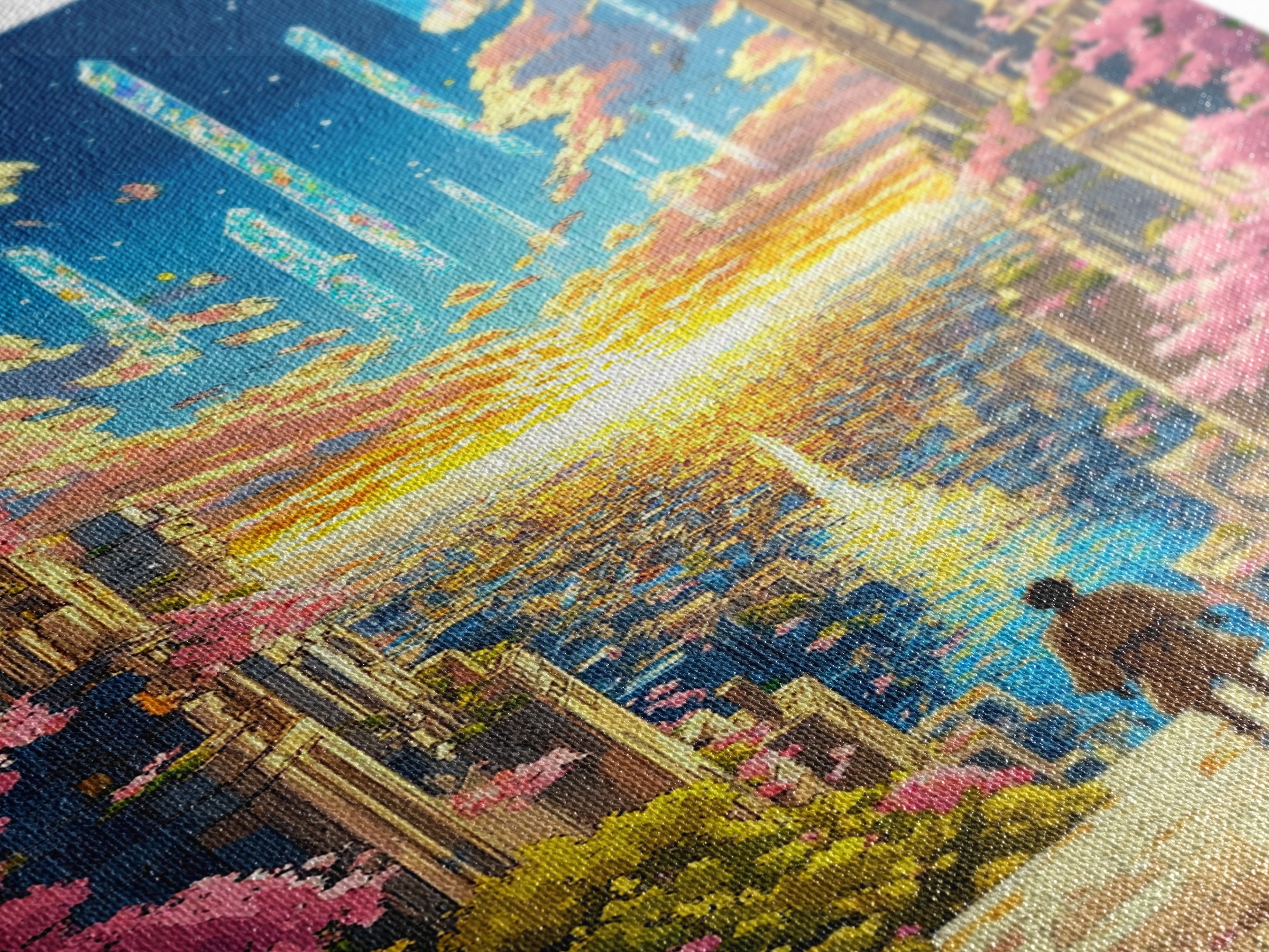 Futuristic City Sunset Vista Wall Art, Cherry Blossom Sci Fi Canvas Print, Vibrant Anime Landscape Living Room Decor Gift