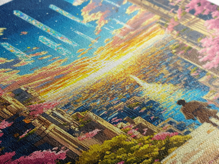 Futuristic City Sunset Vista Wall Art, Cherry Blossom Sci Fi Canvas Print, Vibrant Anime Landscape Living Room Decor Gift