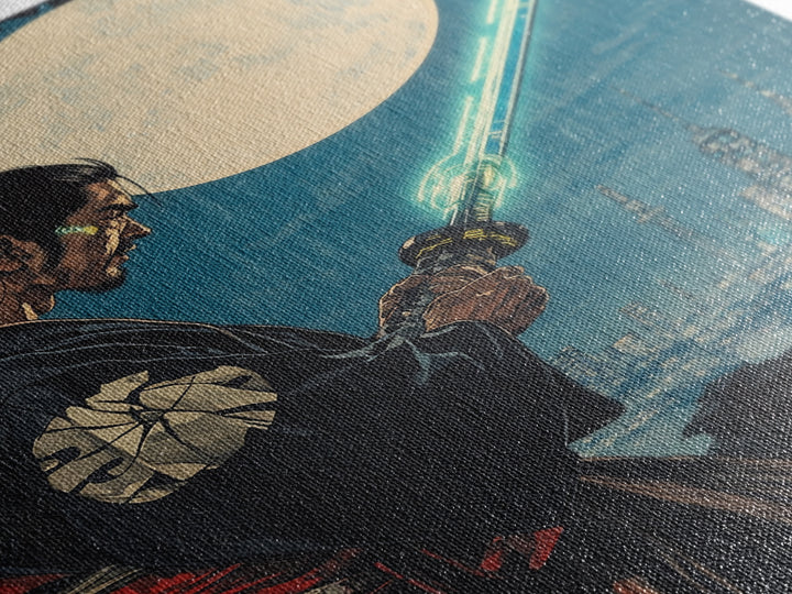 Cyber Samurai Under Full Moon Wall Art, Japanese Warrior Print, Sci Fi Cityscape, Neon Sword Decor, Masculine Office Art