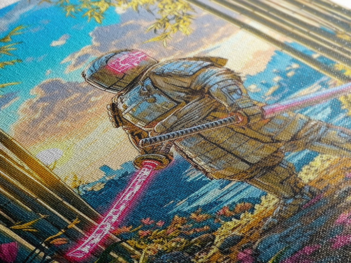 Armored Samurai In Bamboo Forest Canvas Print, Japanese Wall Art, Neon Sword Landscape, Sci Fi Warrior Decor, Gift For Him