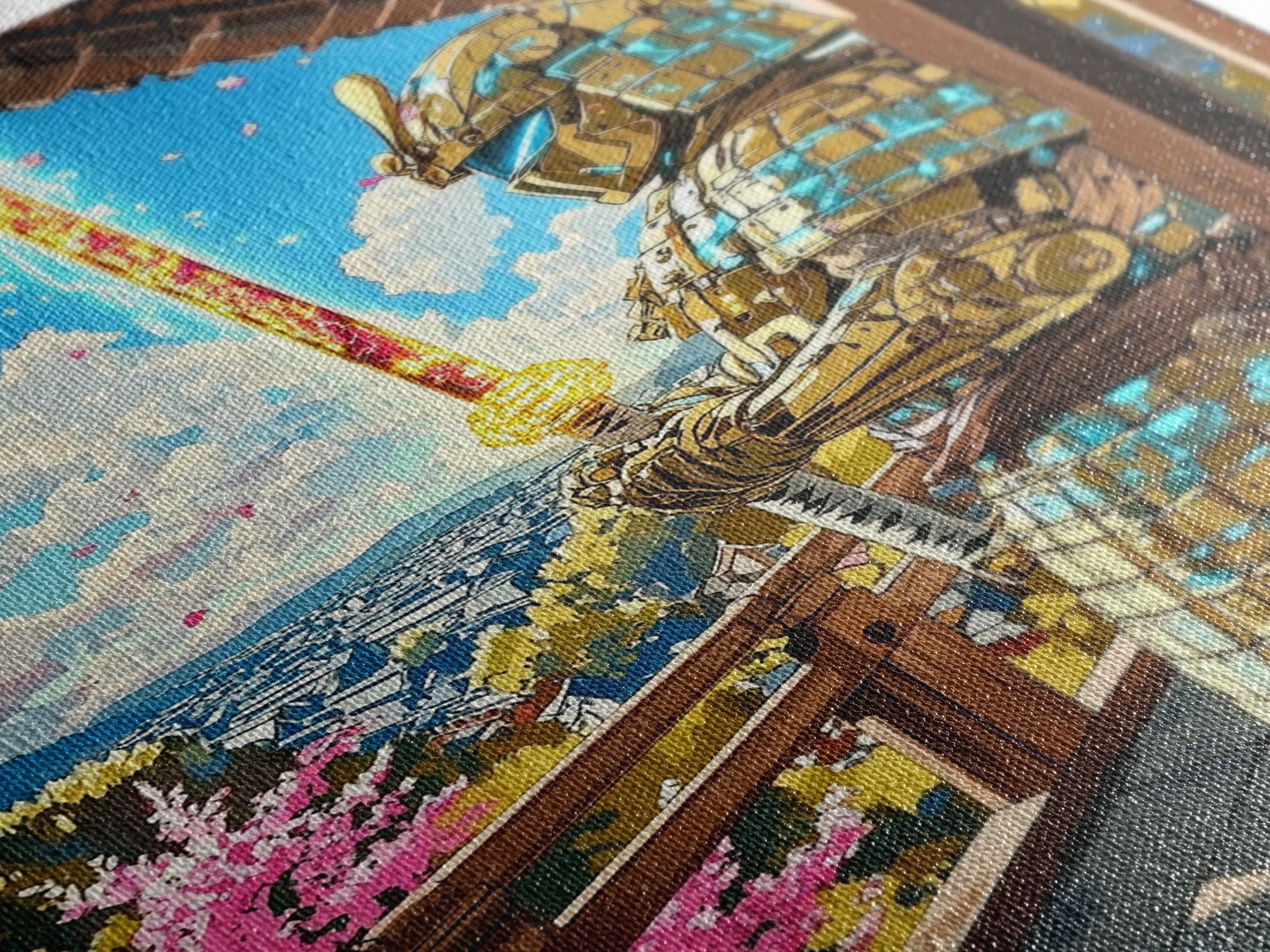 Golden Samurai On Cherry Blossom Balcony Wall Art, Japanese Seascape Print, Fantasy Warrior Wall Decor, Unique Gift For Him
