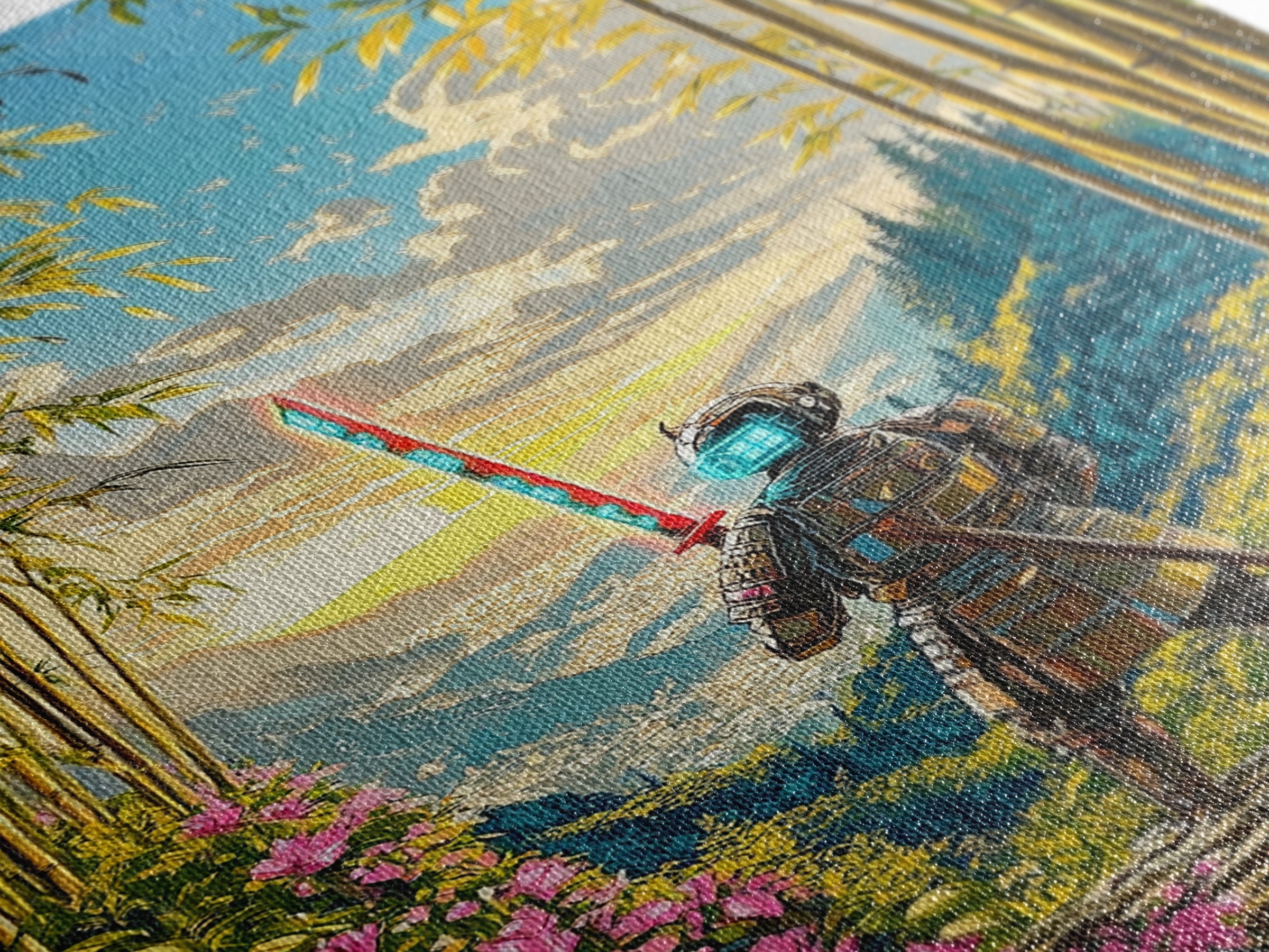 Neon Samurai In Bamboo Mountain Valley Canvas Print, Japanese Wall Art, Sunrise Landscape, Fantasy Home Decor, Gift For Him