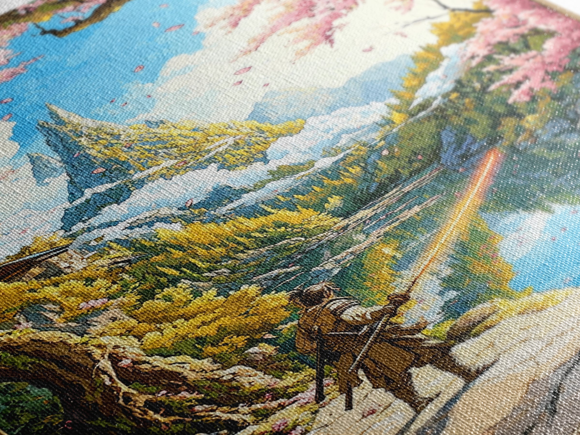 Wandering Samurai By Lake And Mountain Castle Wall Art, Japanese Fantasy Landscape, Cherry Blossom Print, Scenic Home Decor