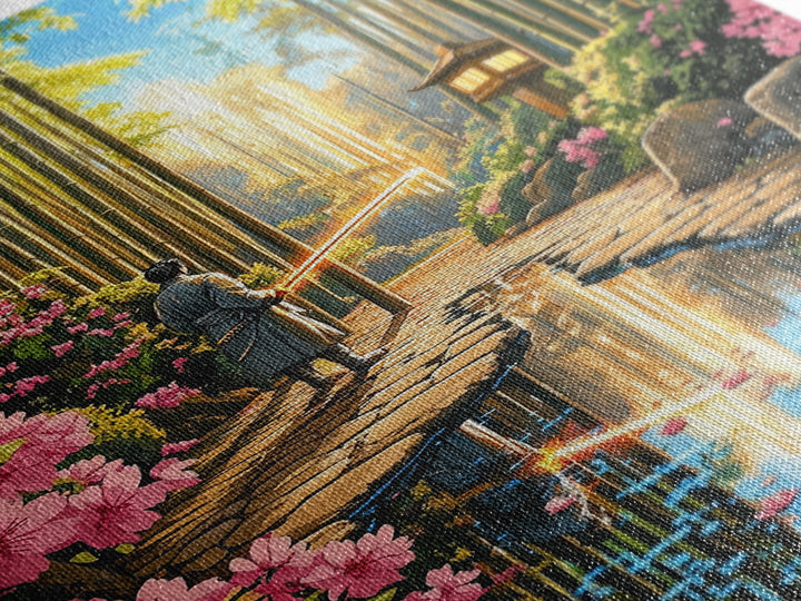 Samurai In Bamboo Garden With Cherry Blossoms Wall Art, Japanese Fantasy Canvas, Zen Landscape, Living Room Decor, Home Decor Gift