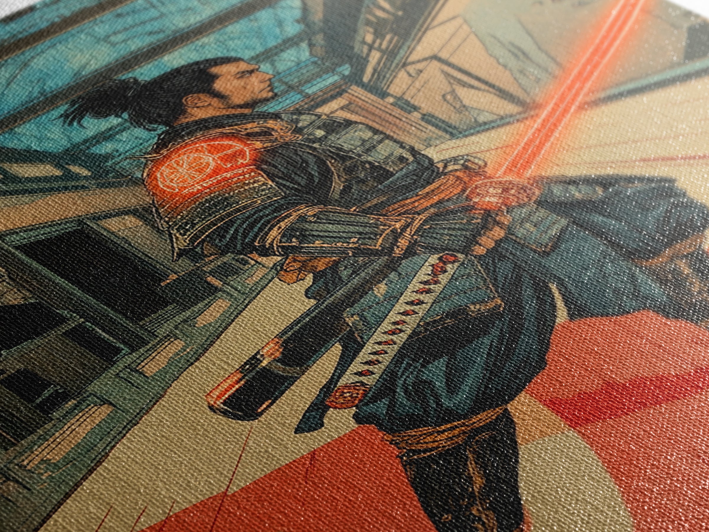 Futuristic Samurai In Subway Station Canvas Print, Japanese Cyberpunk Warrior, Sci Fi Wall Art, Gaming Room Decor Gift Idea