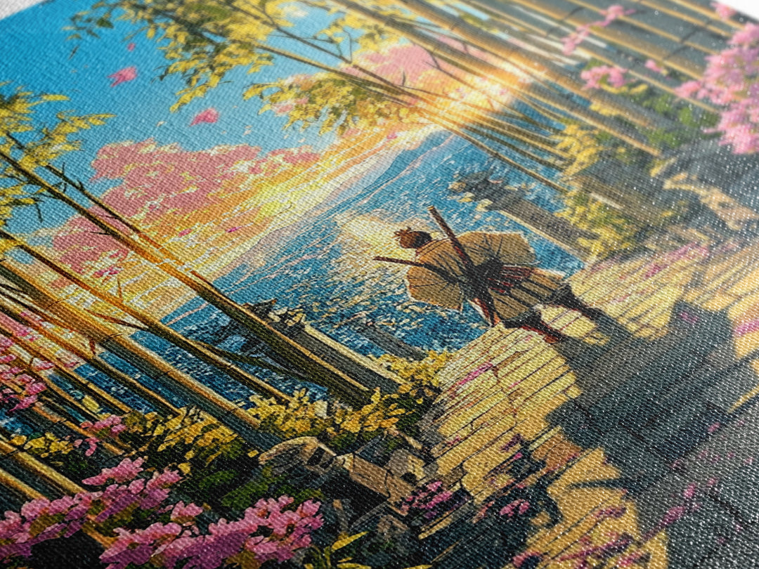 Lone Samurai On Bamboo Path At Sunrise Wall Art, Japanese Landscape Canvas, Cherry Blossom Decor, Zen Living Room Art, Housewarming Gift