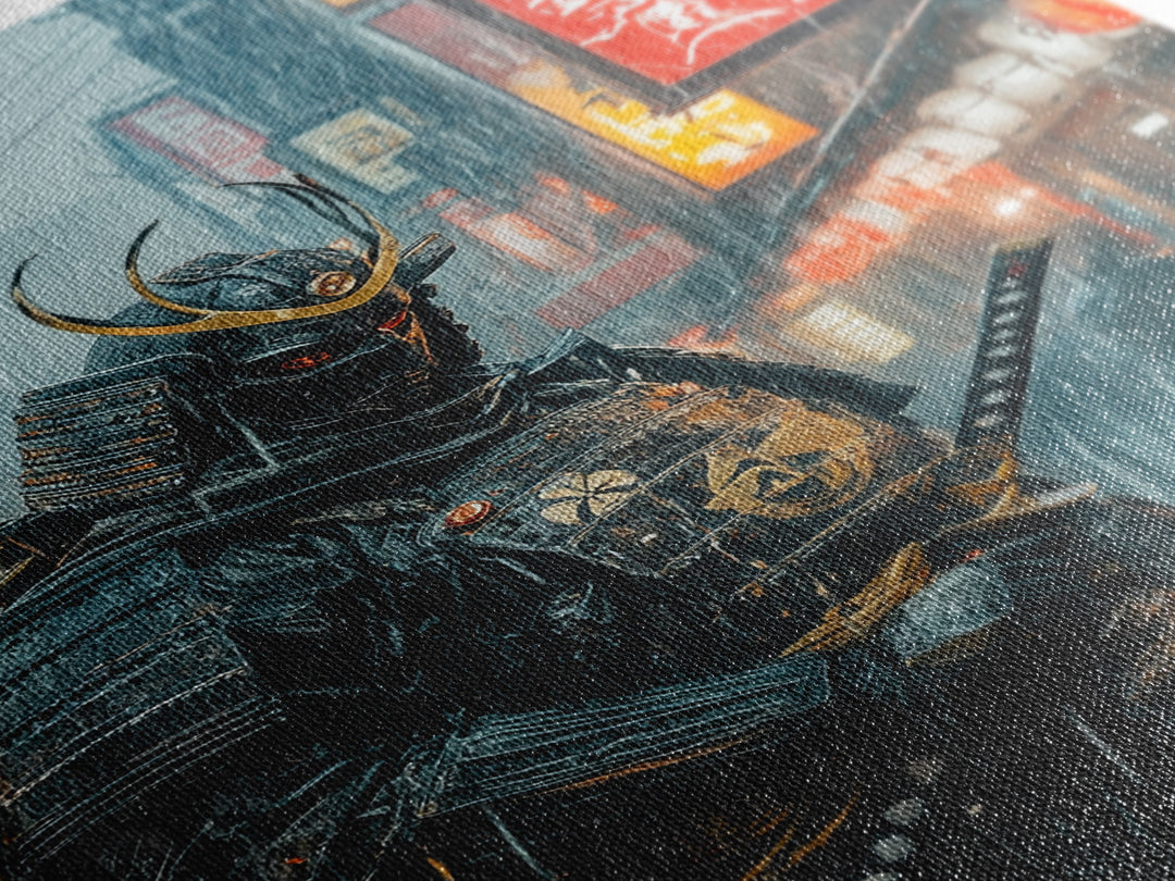 Armored Samurai In Rainy Neon Alley Canvas Print, Japanese Warrior Wall Art, Cyberpunk Decor, Dramatic Office Poster Gift For Him