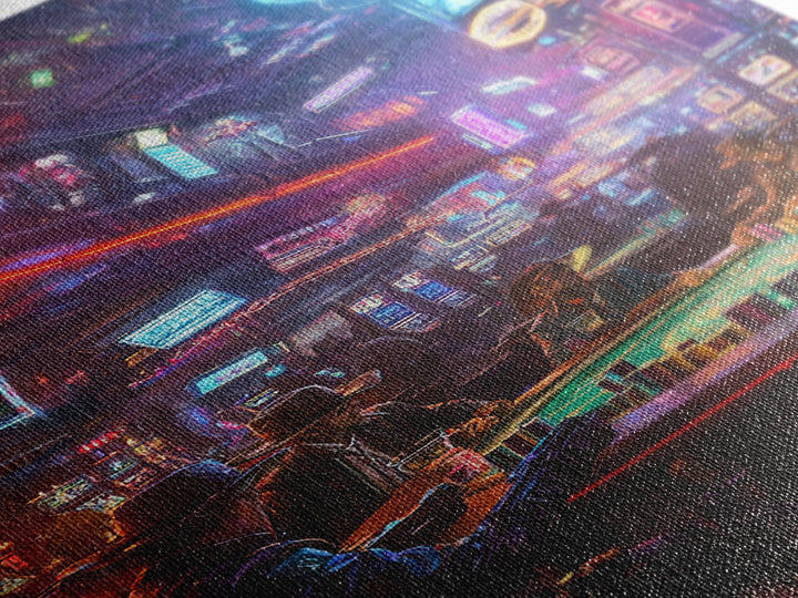 Neon Cyberpunk Poker Room With Outlaws Canvas Print, Futuristic Wall Art, Casino Poster, Man Cave And Game Room Decor For Him Gift