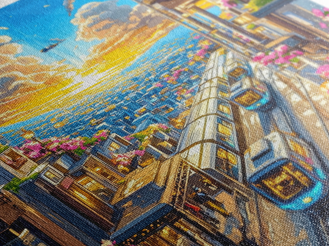 Sunset City Train Tracks With Flower Balconies Canvas Print, Futuristic Wall Art, Urban Travel Poster, Modern Home Decor