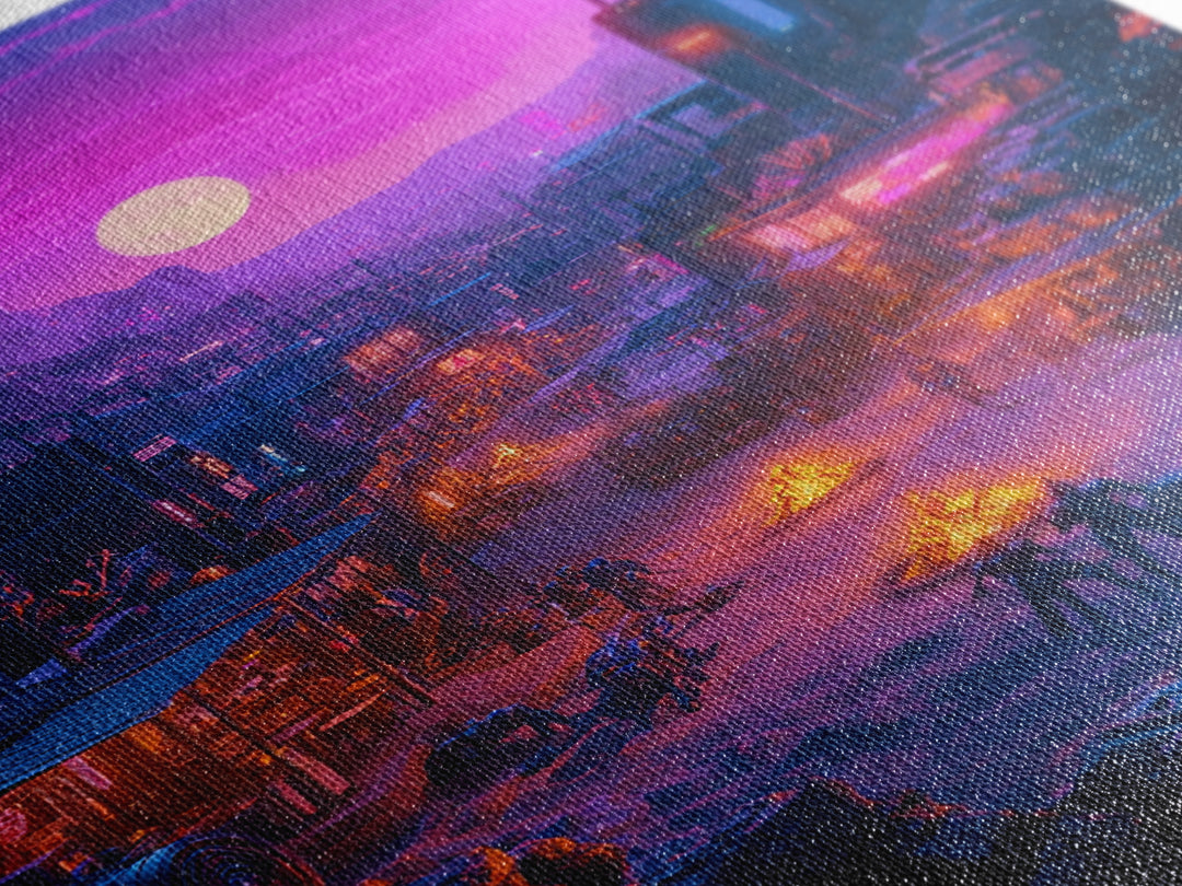 Purple Moon Cyberpunk Desert Settlement Wall Art, Sci Fi Western Poster, Dystopian Landscape, Gaming Room Decor Gift For Him