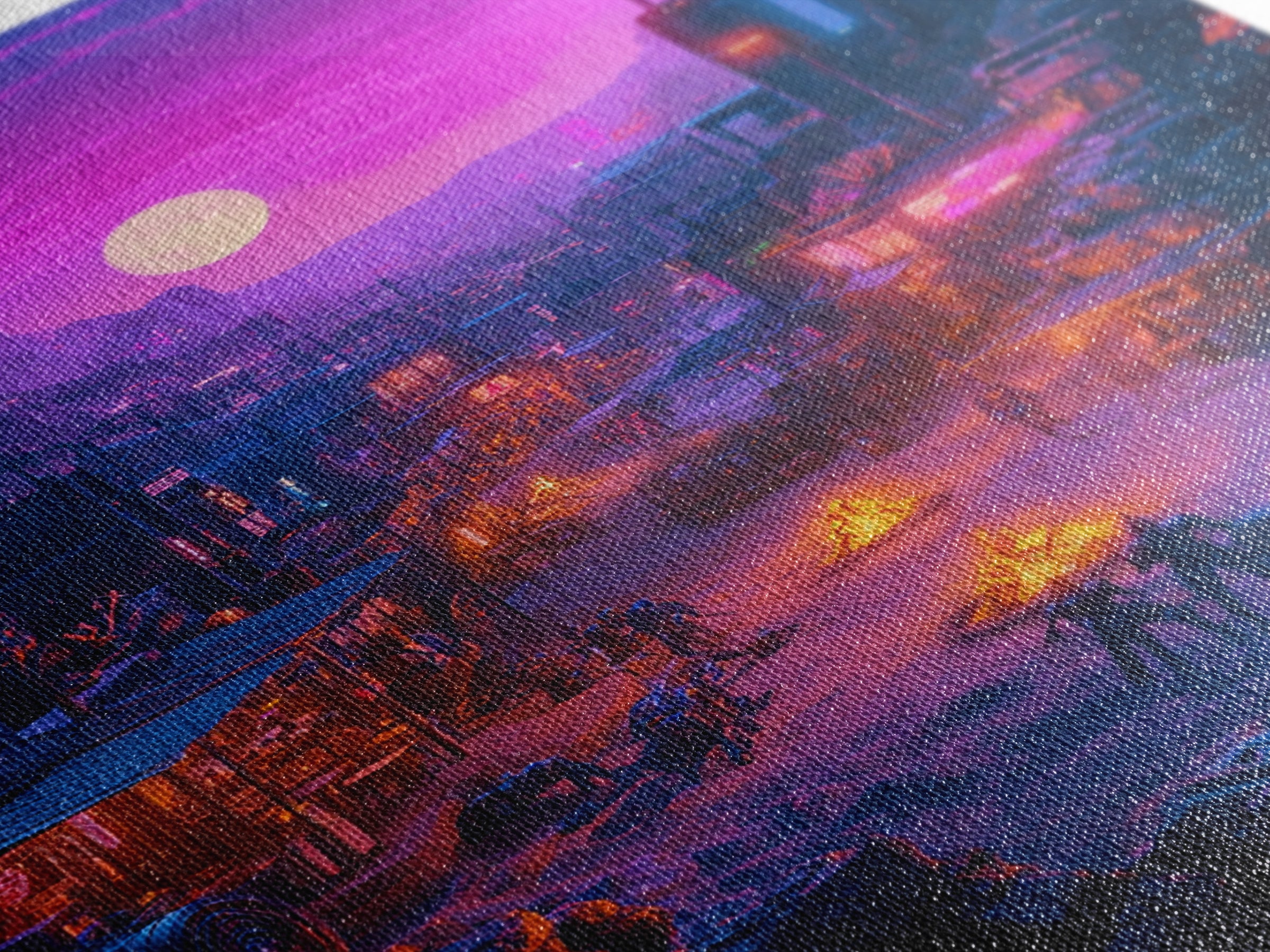 Purple Moon Cyberpunk Desert Settlement Wall Art, Sci Fi Western Poster, Dystopian Landscape, Gaming Room Decor Gift For Him