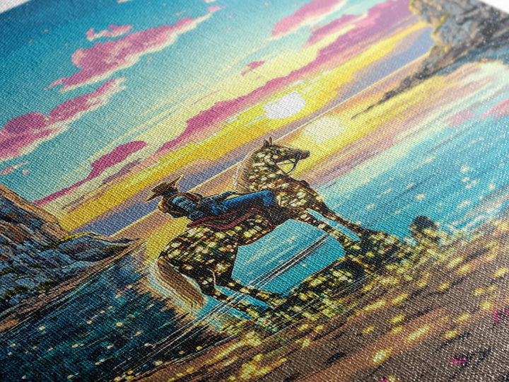 Glowing Cowgirl Horse On Sunset Cove Canvas Print, Western Wall Art, Coastal Decor, Romantic Bedroom Art, Unique Gift For Her