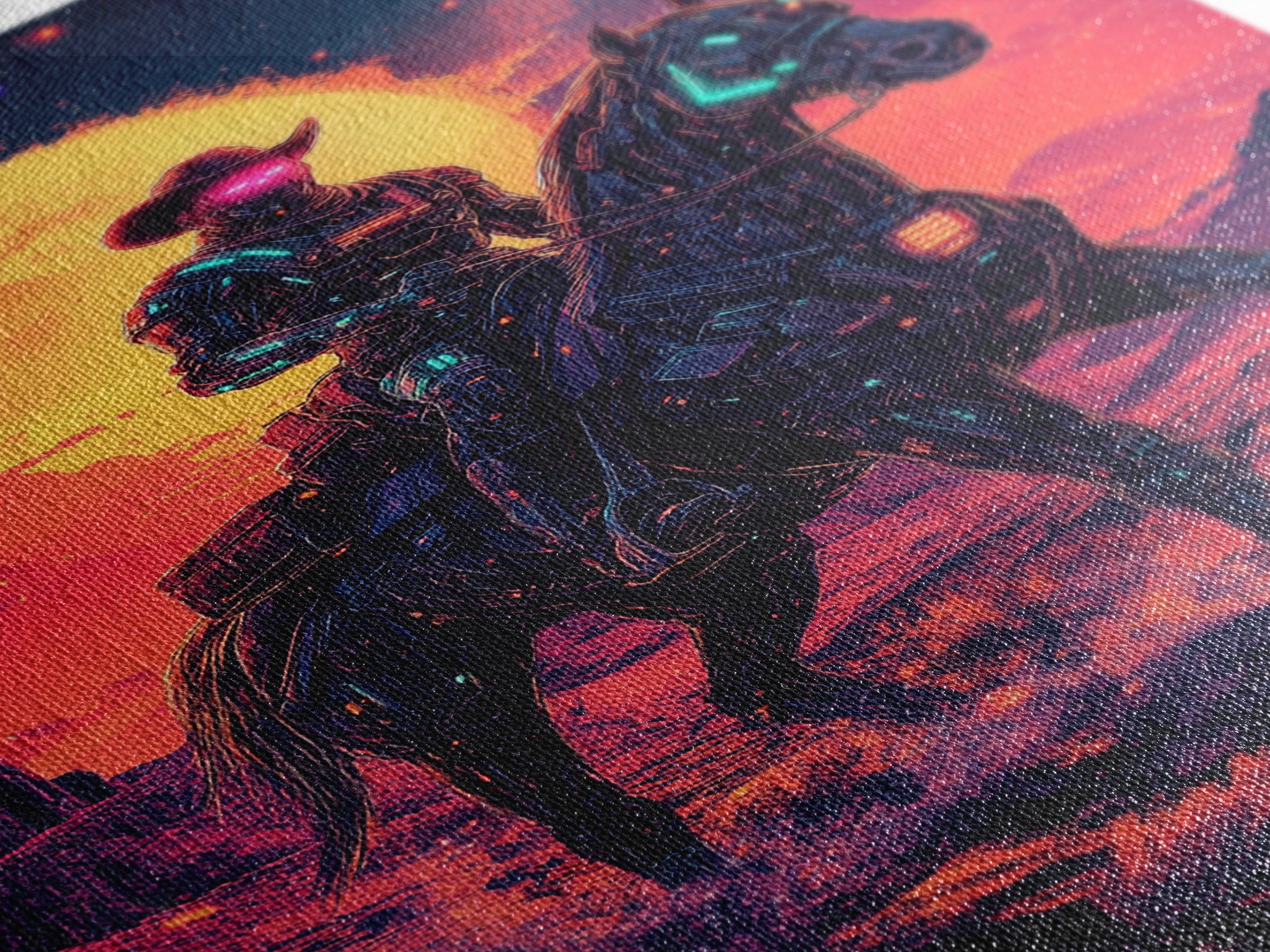 Cyberpunk Cowboy On Robotic Horse Canvas Print, Neon Western Wall Art, Futuristic Desert Decor, Sci Fi Poster, Gift For Him