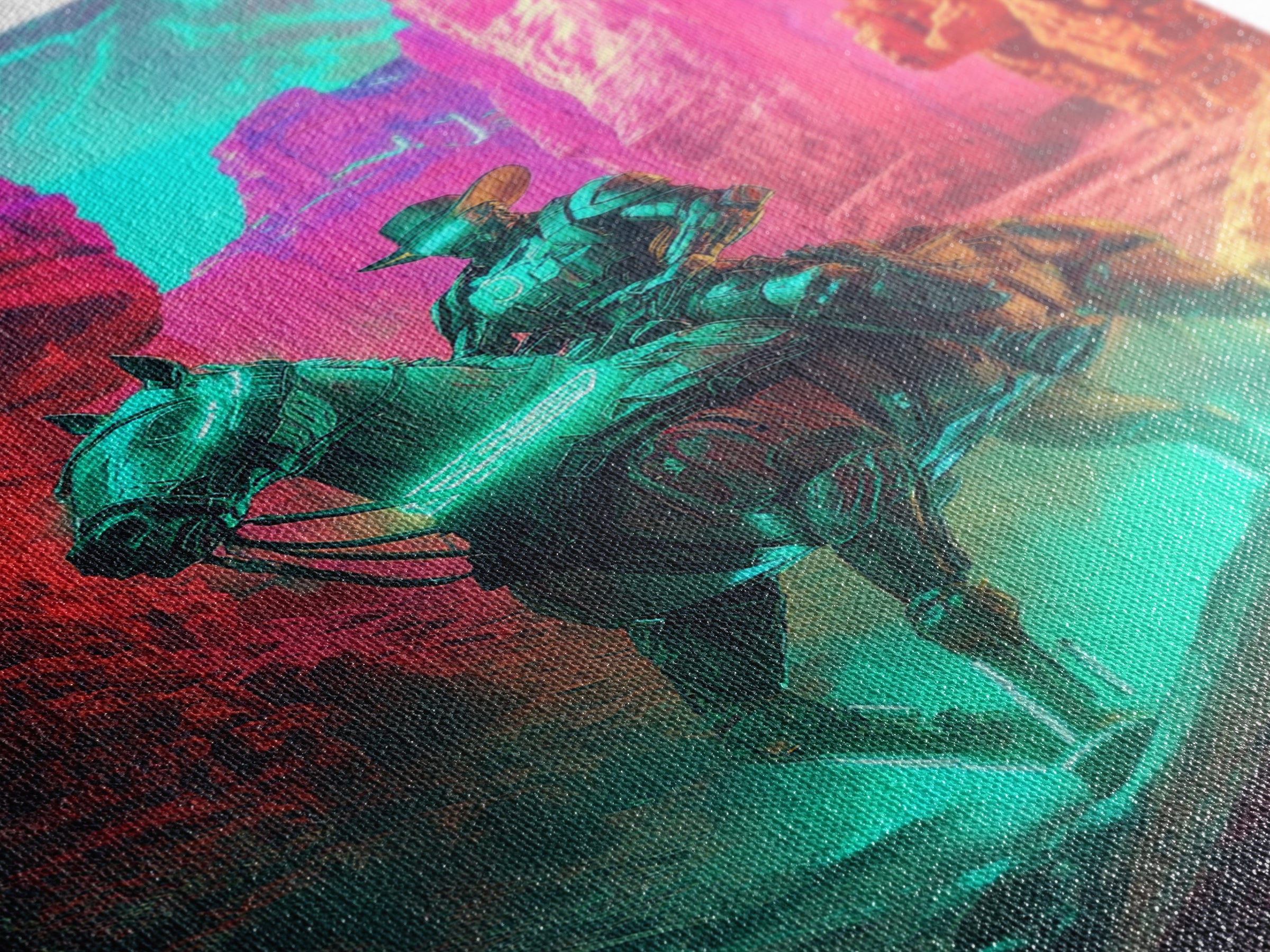 Neon Robot Cowboy In Red Desert Canyon Canvas Print, Cyberpunk Western Wall Decor, Futuristic Sci Fi Gaming Room Wall Decor