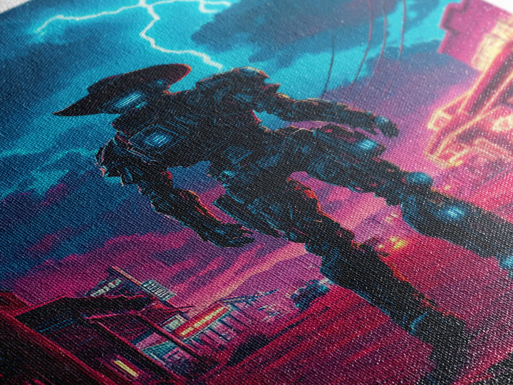 Robot Cowboy In Neon Storm Western Town Wall Art, Cyberpunk Sci Fi Poster, Futuristic Gaming Room Decor, Man Cave Gift For Him
