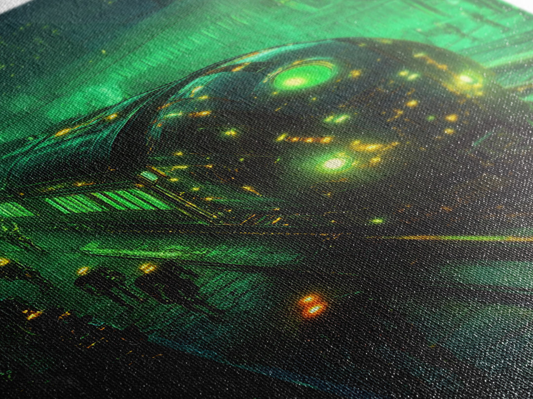 Glowing Green Futuristic Train Station Wall Art, Cyberpunk Railway Canvas, Dark Sci Fi Cityscape Office Decor, Gaming Room Art