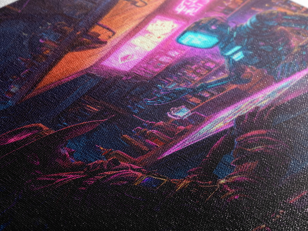 Neon Robot Bartender And Cyber Cowboy Saloon Wall Art, Futuristic Western Canvas Print, Sci Fi Bar Decor, Man Cave Gift Idea