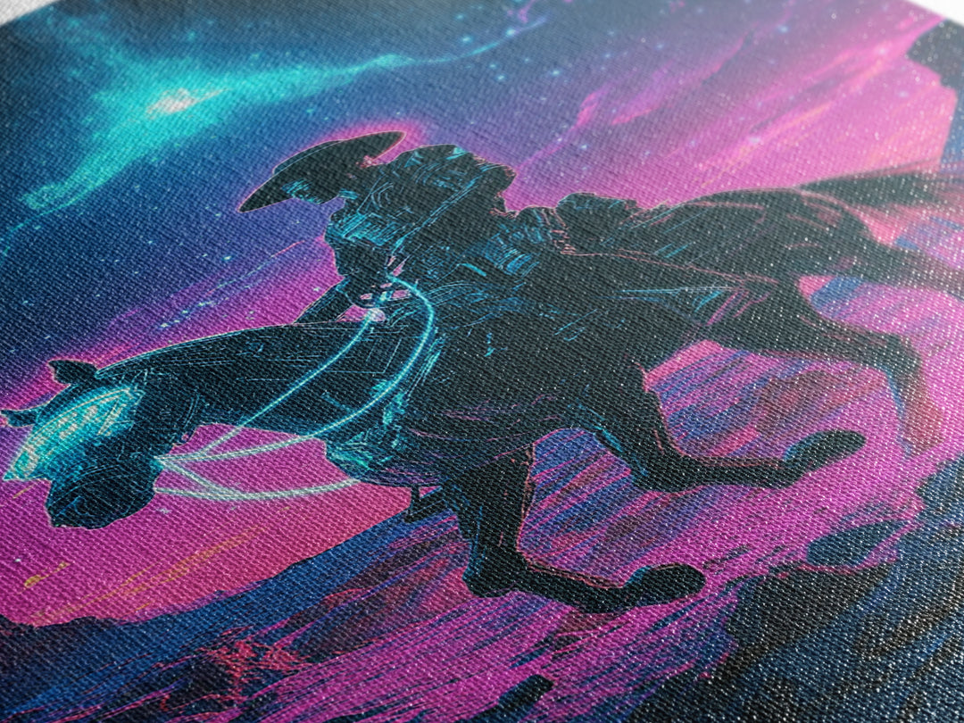 Neon Cosmic Cowboy On Glowing Horse Wall Art, Futuristic Western Desert Canvas Print, Sci Fi Space Decor For Gamers Gift