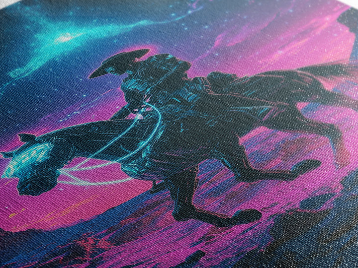 Neon Cosmic Cowboy On Glowing Horse Wall Art, Futuristic Western Desert Canvas Print, Sci Fi Space Decor For Gamers Gift