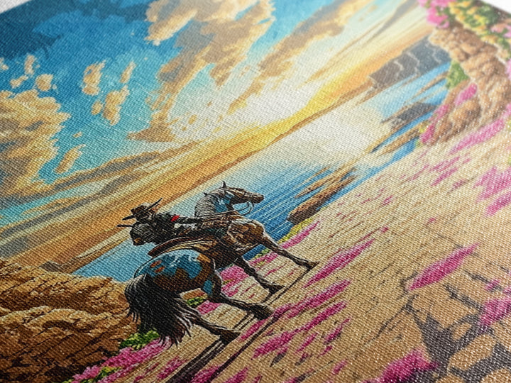 Western Rider On Coastal Flower Path Wall Art, Sunset Seascape Landscape Framed Canvas Print, Beach House Decor Gift Idea