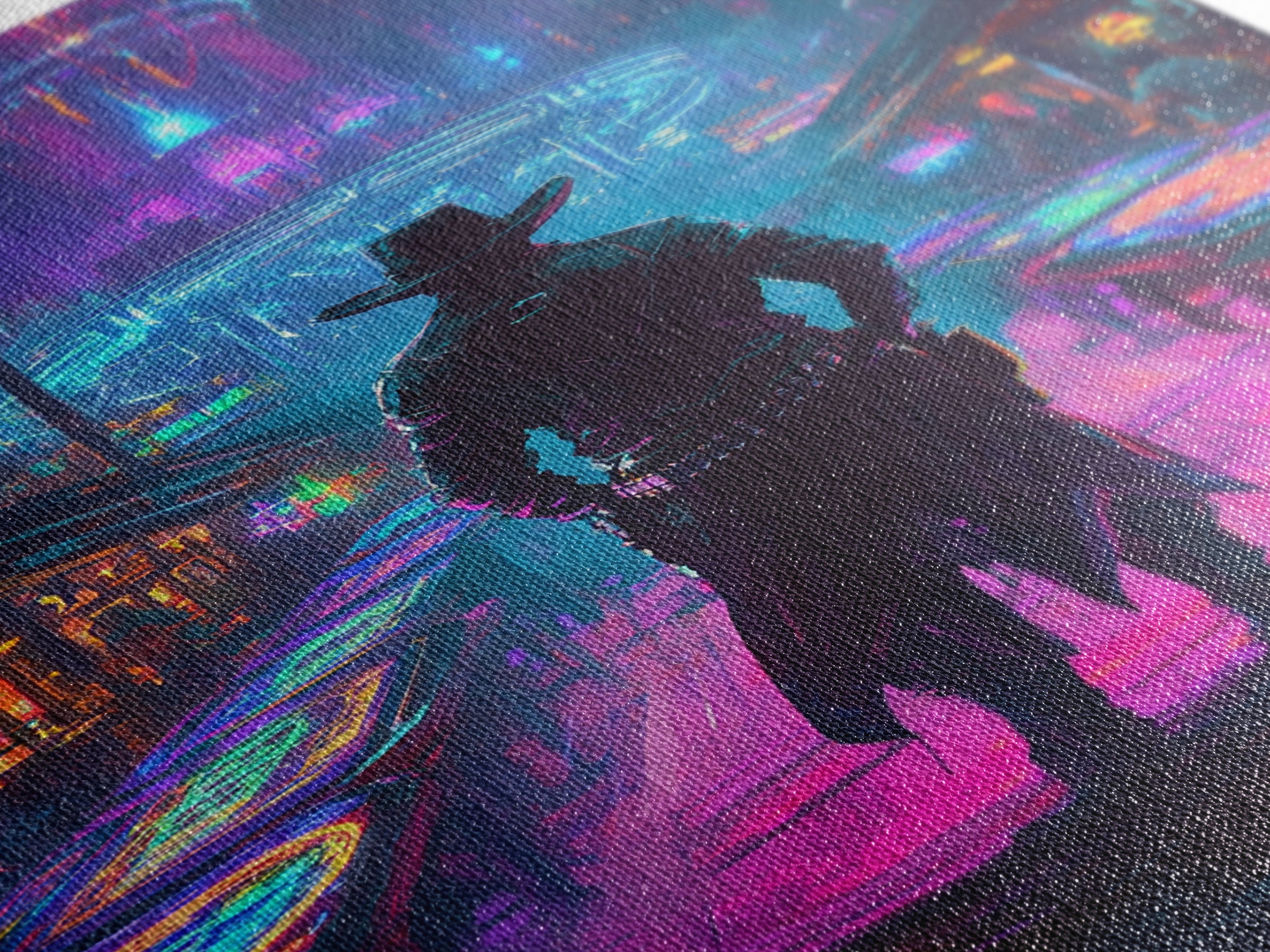 Cyber Cowboy In Neon Futuristic City Wall Art, Dystopian Western Street Canvas Print, Sci Fi Gaming Room Decor Gift For Him