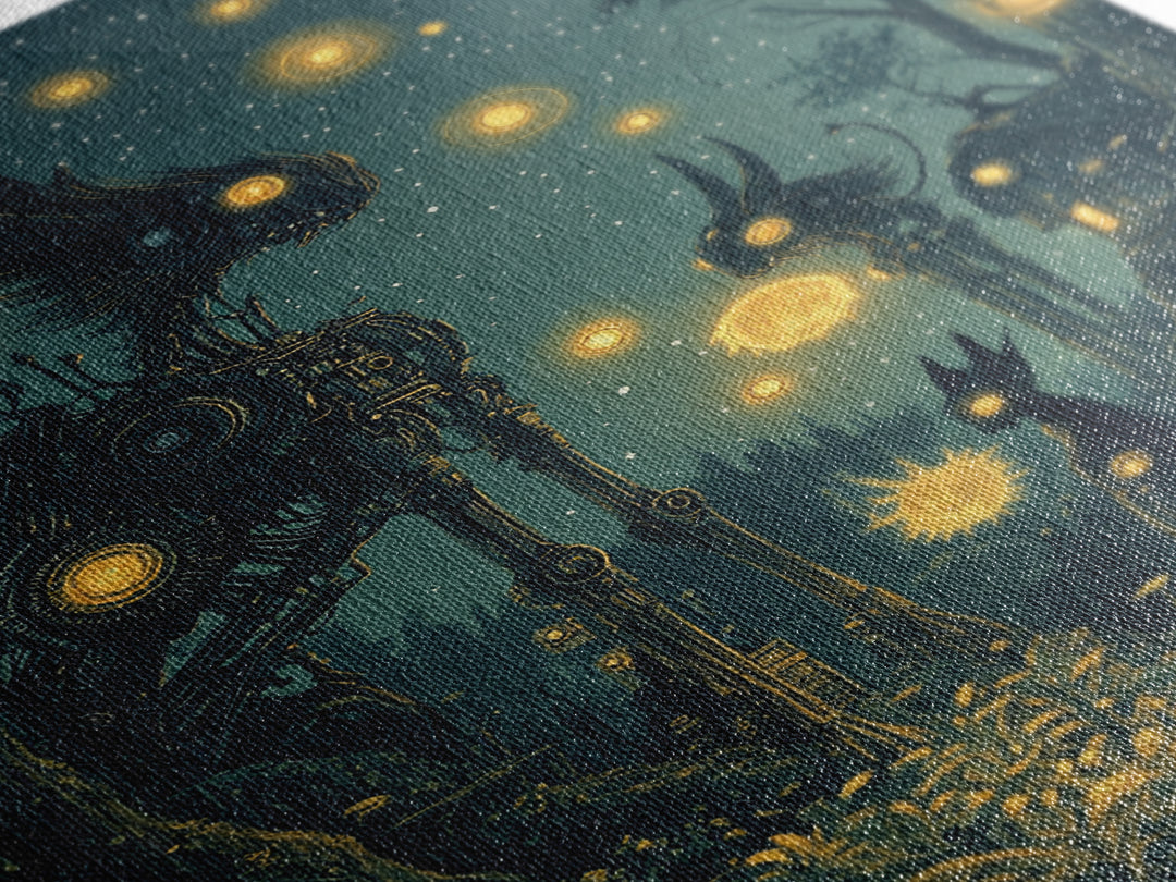 Glowing Mechanical Forest Creatures Wall Art, Dark Fantasy Art, Whimsical Animal Art, Celestial Decor, Unique Home Decor
