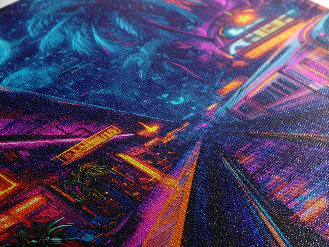 Neon Tropical Cyberpunk Train Wall Art, Futuristic Cityscape Art, Vaporwave Decor, Gaming Room Art, Large Sci Fi Canvas Print