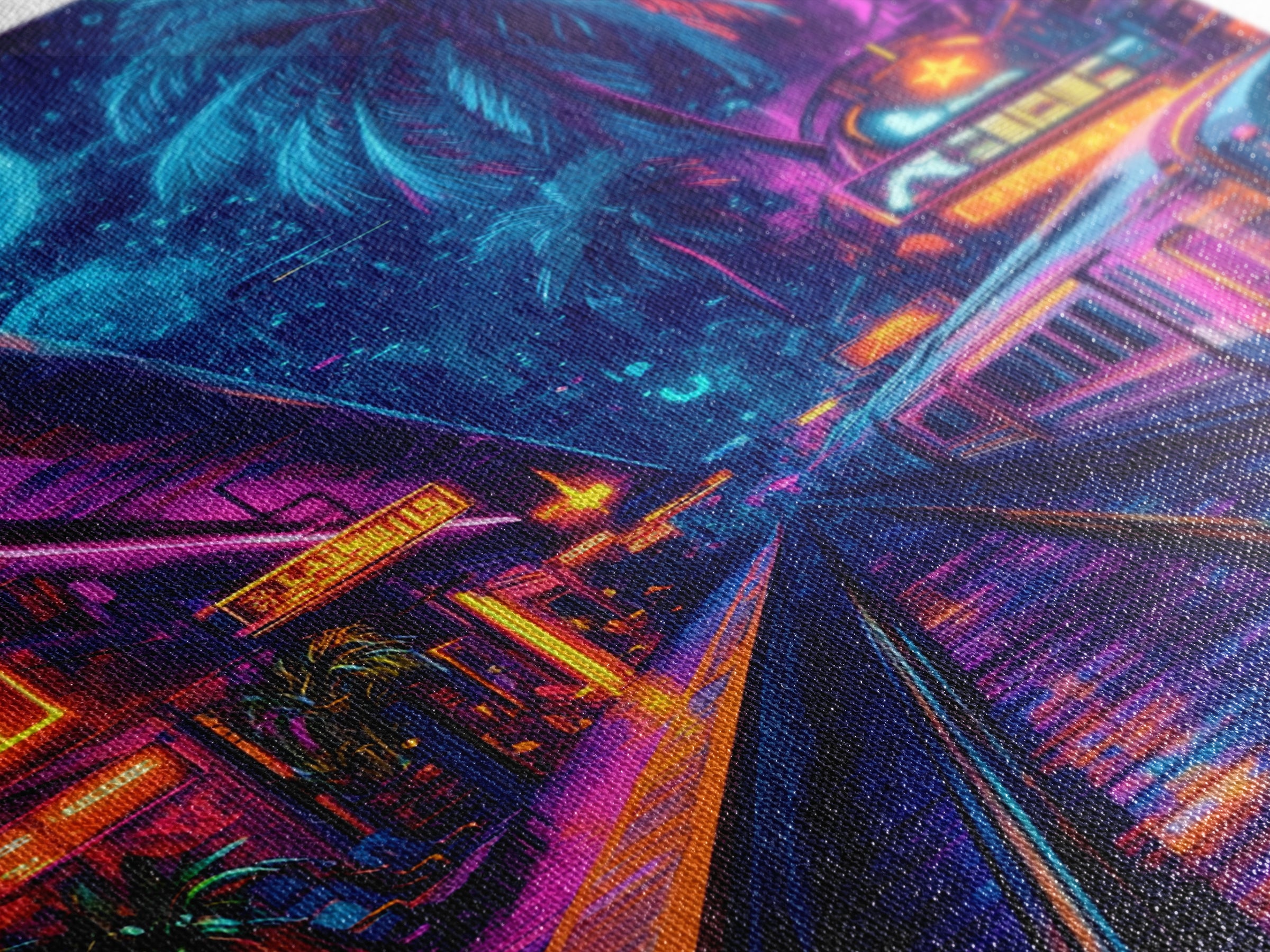 Neon Tropical Cyberpunk Train Wall Art, Futuristic Cityscape Art, Vaporwave Decor, Gaming Room Art, Large Sci Fi Canvas Print