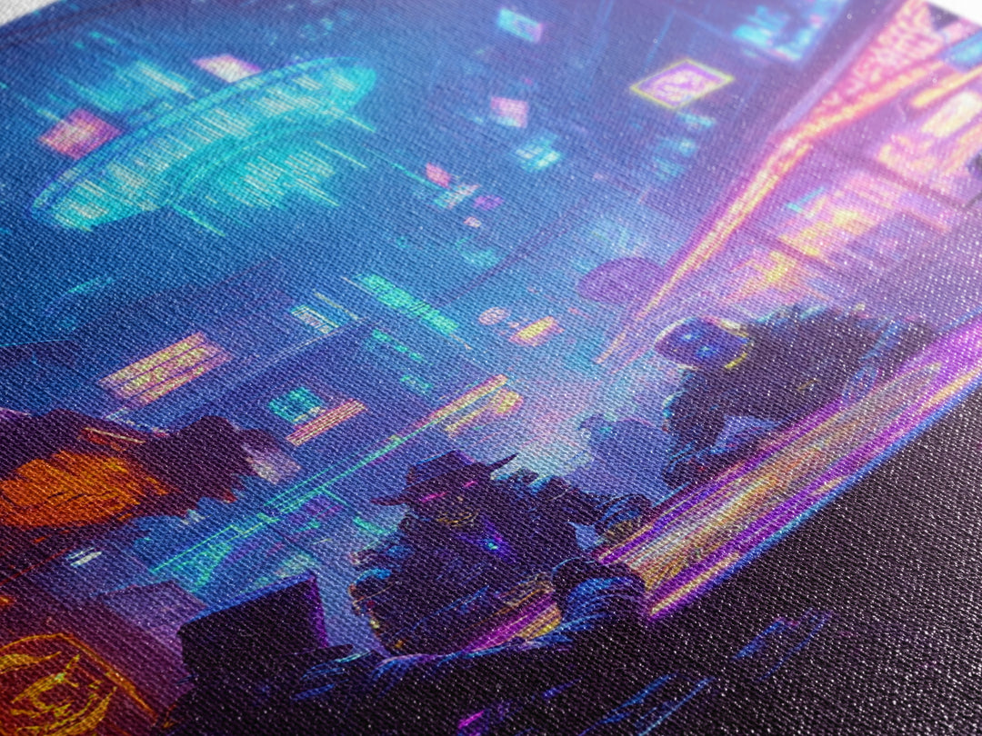 Cyberpunk Poker Table Under Neon Wall Art, Futuristic City Decor, Sci Fi Poster, Gaming Room Art, Man Cave Decor, Large Canvas Print
