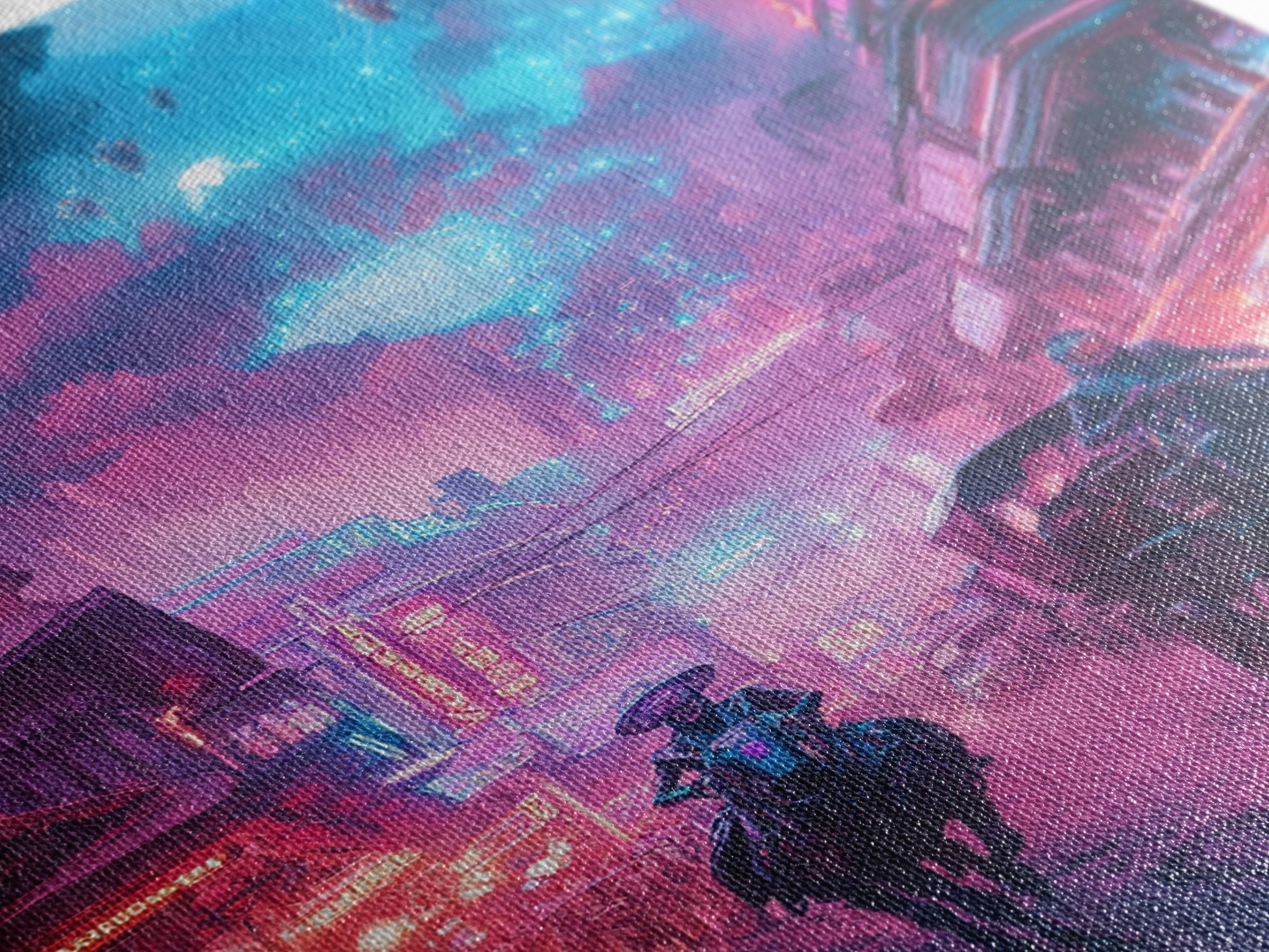 Neon Cyberpunk Horseback City Under Cosmic Sky Wall Art, Futuristic Sci Fi Poster, Gaming Room Decor, Vaporwave Home Decor