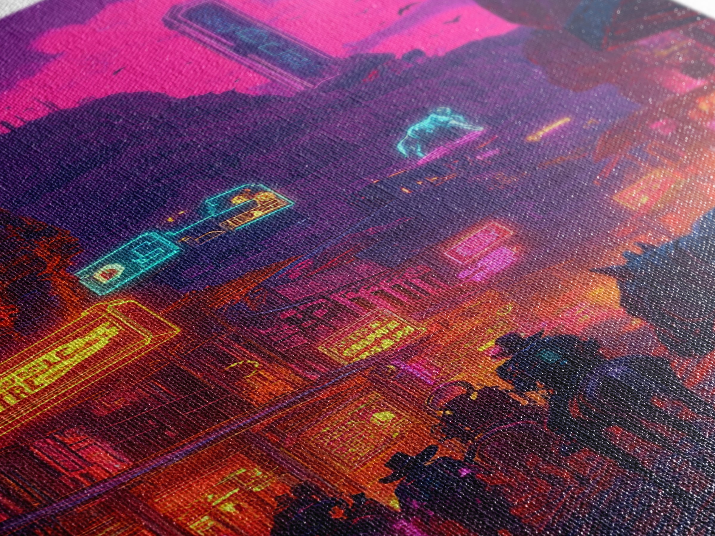 Neon Western Canyon Town With Cowboys Framed Canvas Print, Cyberpunk Wall Art, Futuristic Decor, Gaming Room Poster, Sci Fi Home Decor