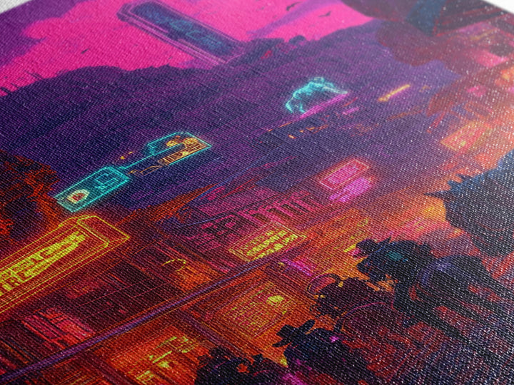 Neon Western Canyon Town With Cowboys Framed Canvas Print, Cyberpunk Wall Art, Futuristic Decor, Gaming Room Poster, Sci Fi Home Decor