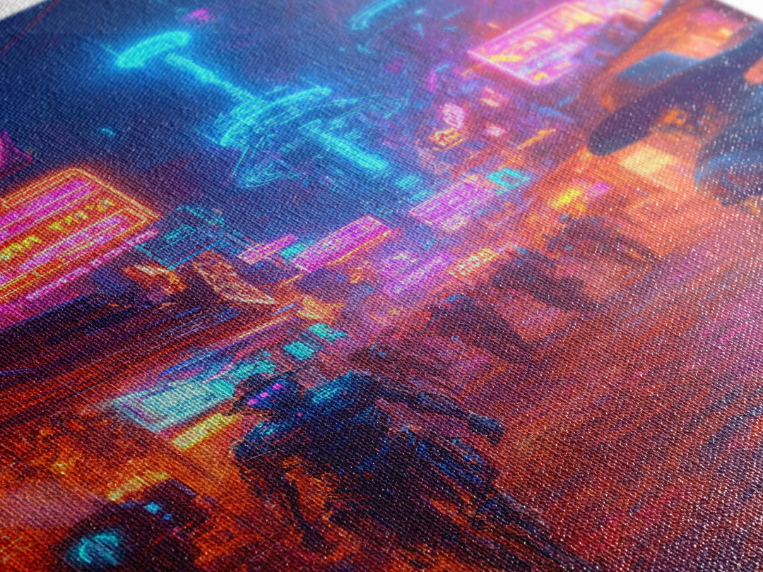 Neon Cyberpunk Cowboy And Robot City Canvas Print, Futuristic Wall Art, Sci Fi Poster, Gaming Room Decor, Vaporwave Gift