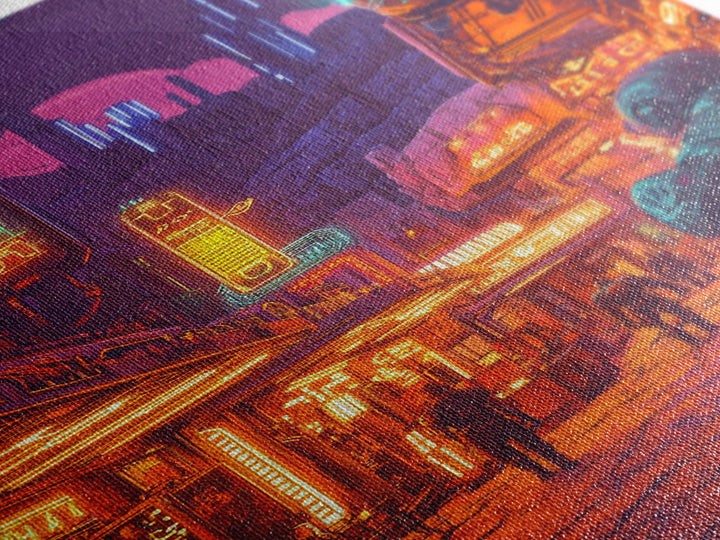 Neon Spaceport Street With Astronaut And Moon Wall Art, Cyberpunk Sci Fi Poster, Gaming Room Decor, Futuristic Canvas Art
