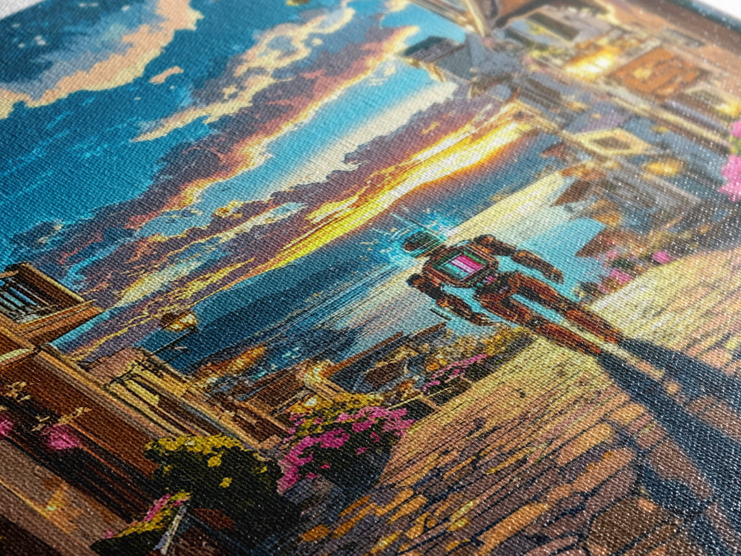 Astronaut In Sunset Coastal Village Framed Canvas Print, Sci Fi Wall Art, Futuristic Seascape, Gaming Room Decor, Unique Gift