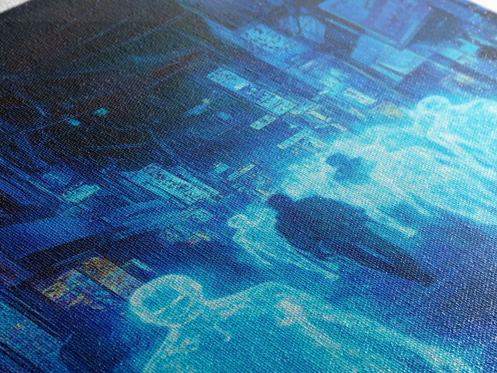 Blue Hologram Figures In Cyberpunk Alley Framed Canvas Print, Neon Wall Art, Sci Fi Cityscape, Gaming Room Decor, Futuristic Decor