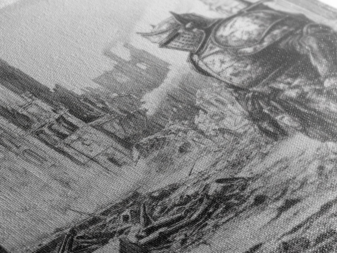Black And White Armored Knight In Ruined Gothic City Wall Art, Dark Fantasy Medieval Warrior Print For Office Decor