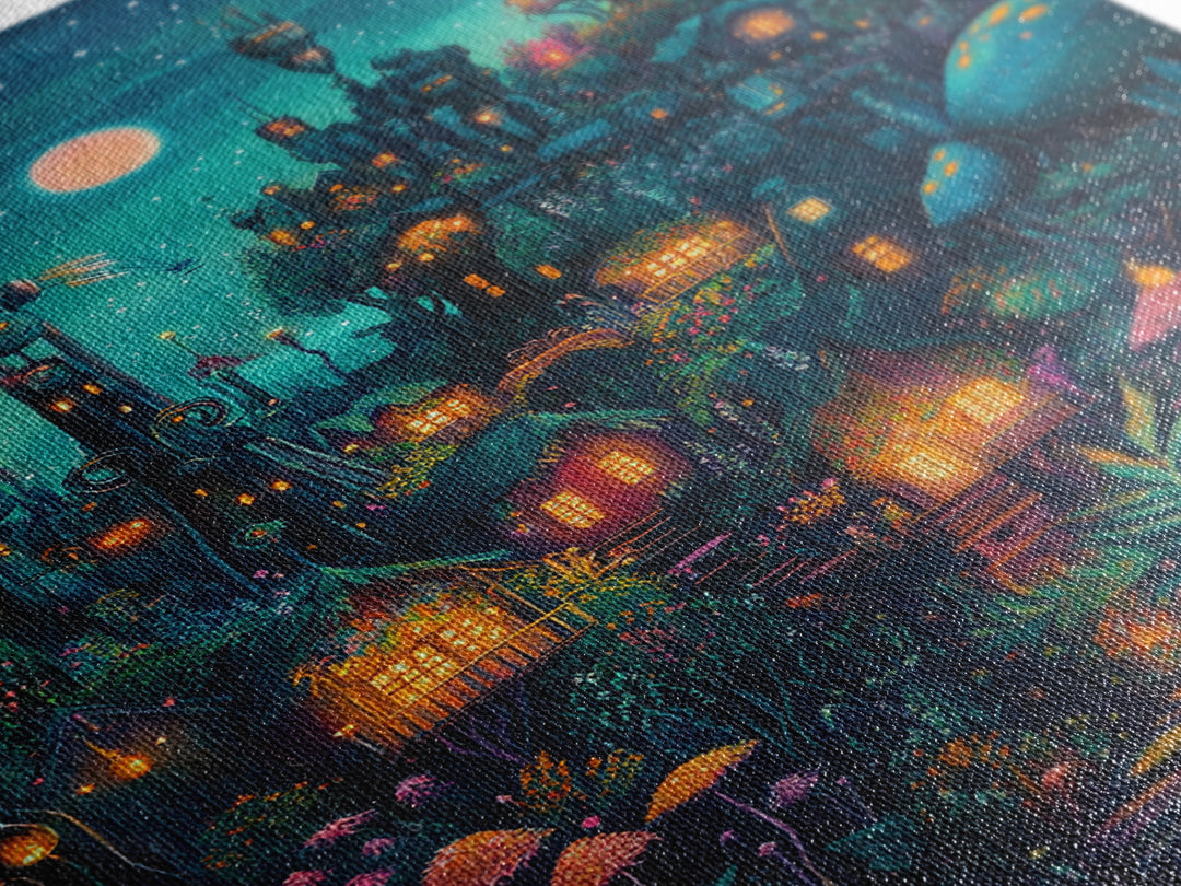 Moonlit Steampunk Mushroom City With Glowing Lanterns Canvas Print, Dark Fantasy Wall Art, Maximalist Decor Gift For Him