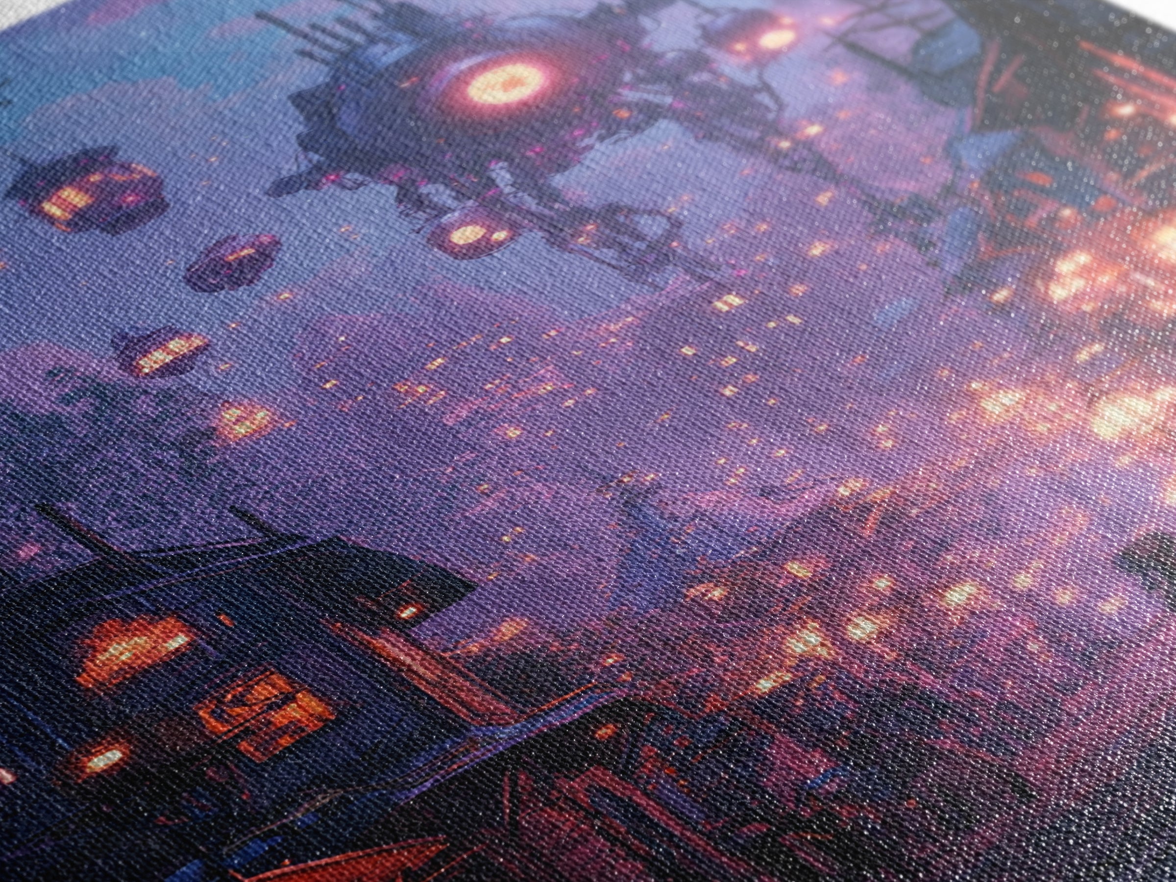 Purple Cyberpunk Village With Floating Machines Canvas Print, Sci Fi Wall Art, Futuristic Gaming Room Decor Gift For Him