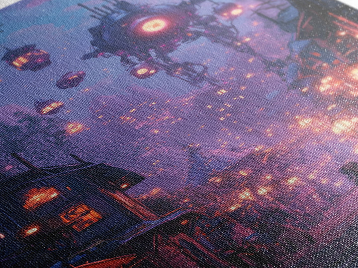 Purple Cyberpunk Village With Floating Machines Canvas Print, Sci Fi Wall Art, Futuristic Gaming Room Decor Gift For Him