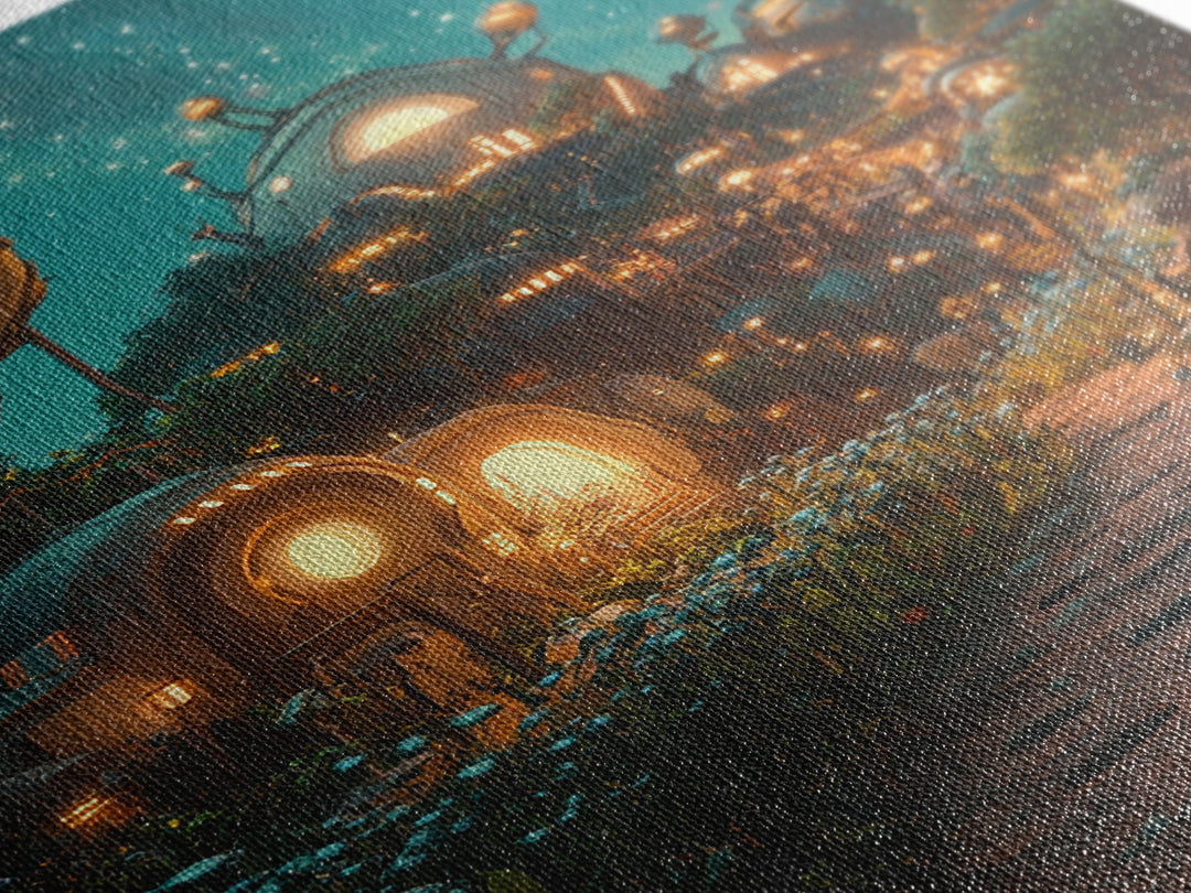 Glowing Futuristic Forest Village Canvas Print, Sci Fi Wall Art, Cyberpunk Decor, Unique Fantasy Landscape, Gaming Room Decor
