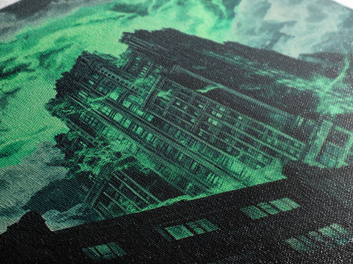 Emerald Storm Skyscraper Wall Art, Dark Urban Fantasy Print, Gothic City Lightning Decor, Moody Office Wall Decor, Home Decor Gift