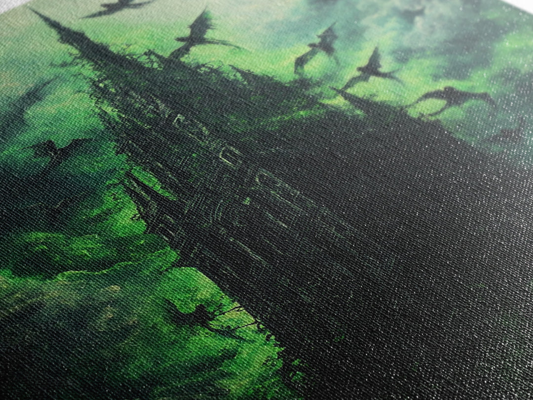 Shadowed Gothic Tower Wall Art, Green Storm Dragon Print, Dark Fantasy Castle Decor, Moody Gothic Home Decor Gift For Him