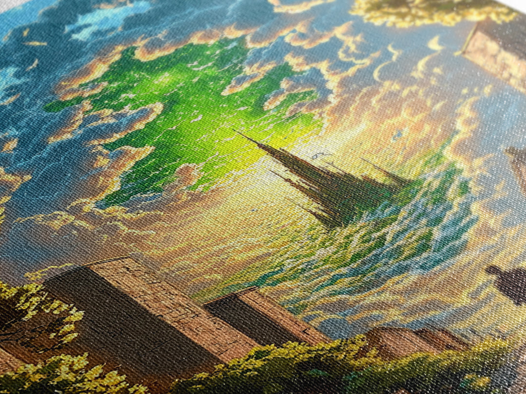 Emerald Sky Castle Above City Street Canvas Print, Surreal Fantasy Wall Art, Mystical Cloudscape, Home Office Decor, Unique Gift