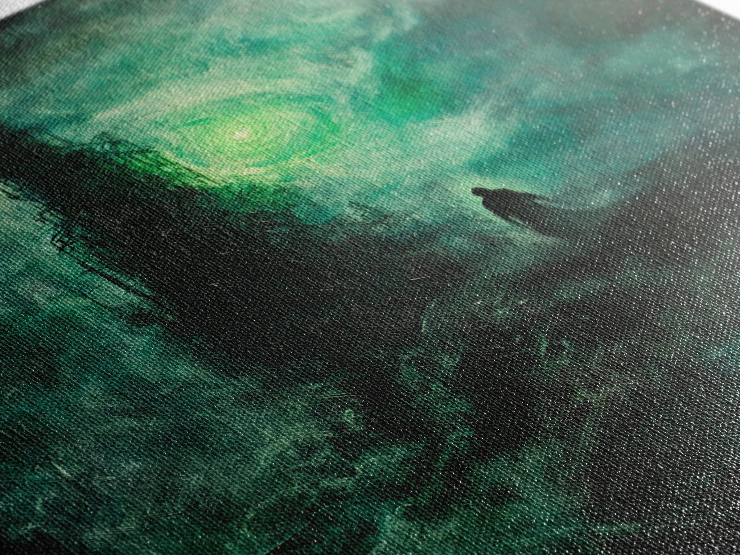 Dark Emerald Spire And Lone Wanderer Wall Art, Gothic Fantasy Canvas Print, Moody Surreal Landscape, Dark Academia Decor