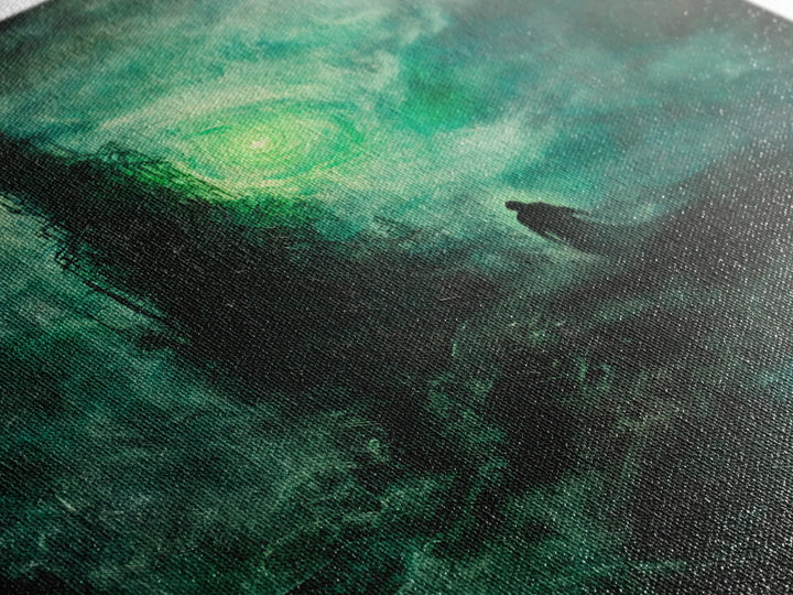 Dark Emerald Spire And Lone Wanderer Wall Art, Gothic Fantasy Canvas Print, Moody Surreal Landscape, Dark Academia Decor