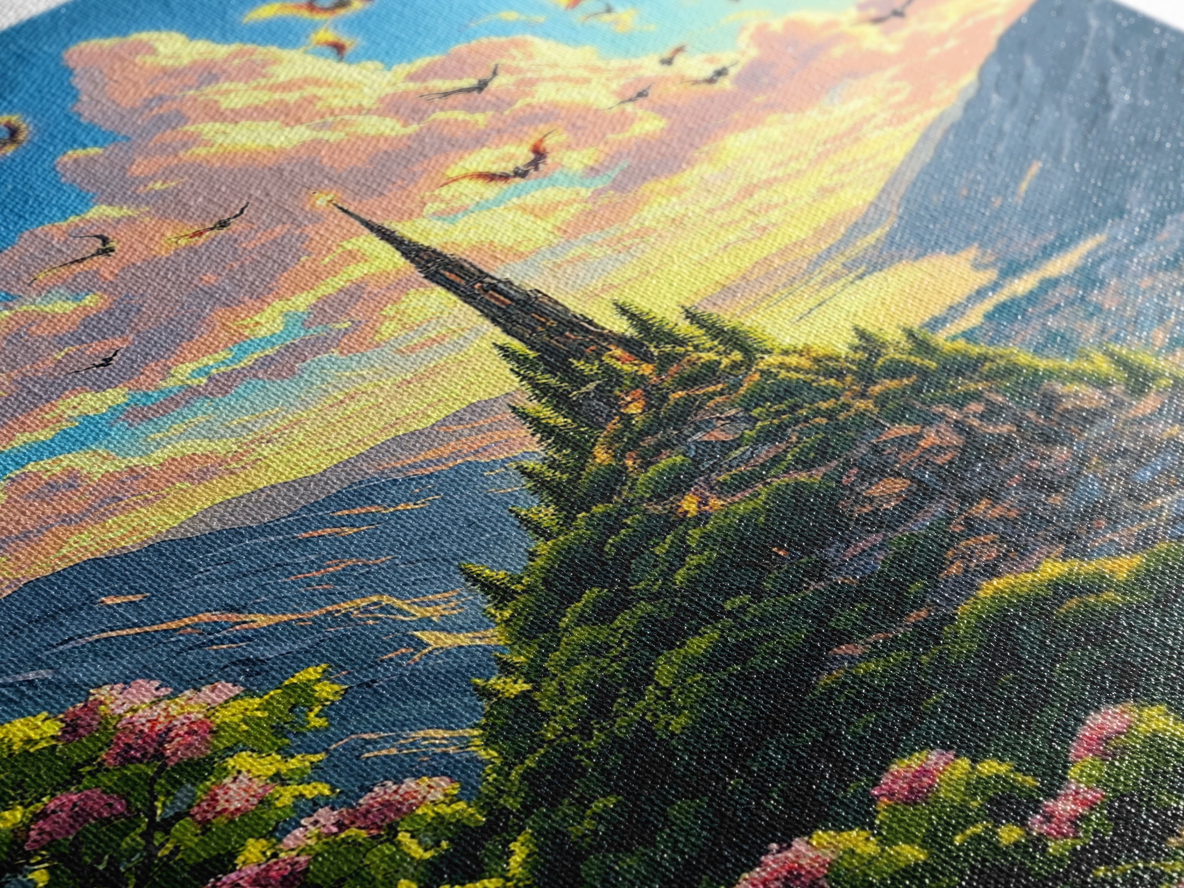 Sunlit Mountain Village With Flying Dragons Canvas Print, Fantasy Landscape Wall Art, Whimsical Home Decor, Gift For Her