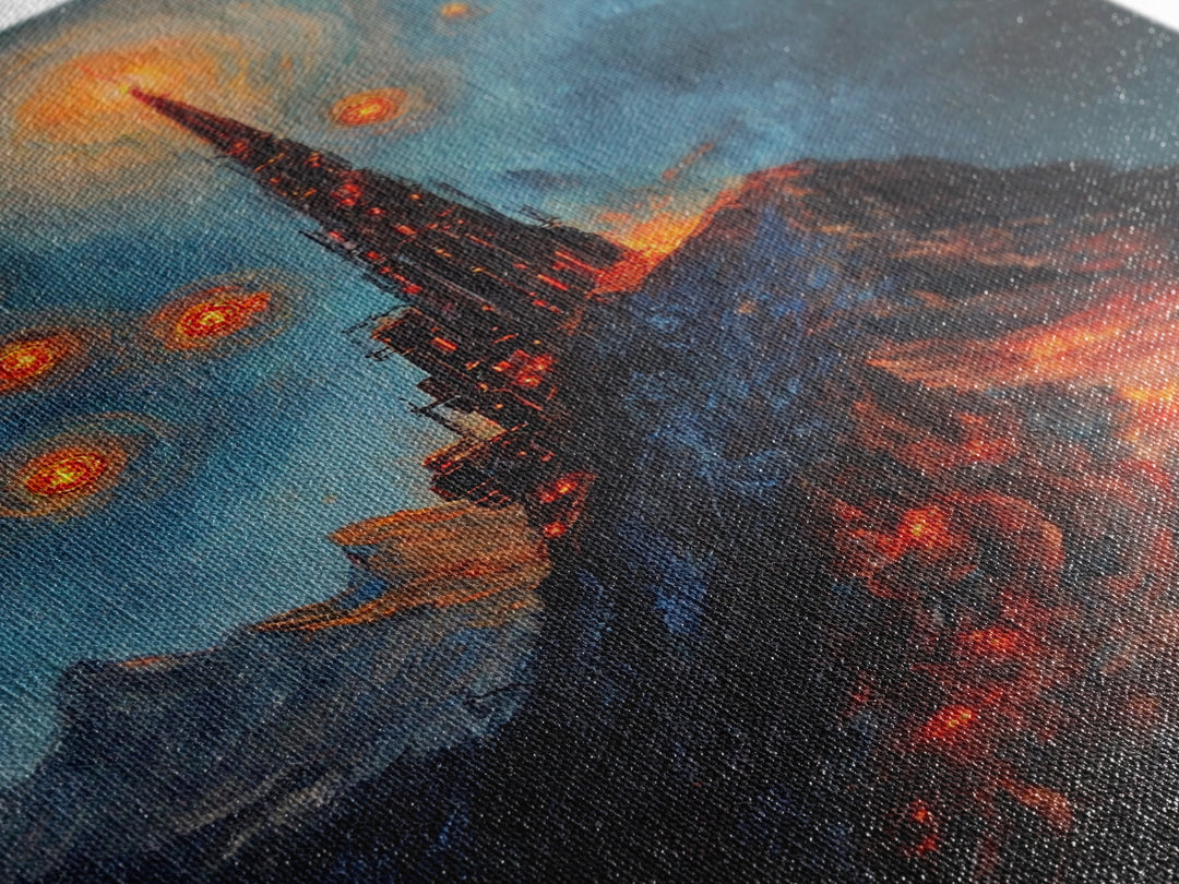Fiery Dark Mountain Citadel With Red Orbs Canvas Print, Gothic Fantasy Wall Art, Lava Landscape, Moody Office Decor, Gift For Him
