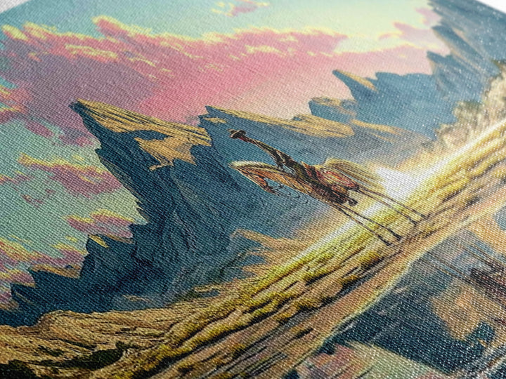 Cowboy And Horse Reflected In Alpine Lake Canvas Print, Western Mountain Wall Art, Pastel Sunset Decor, Large Panoramic Art