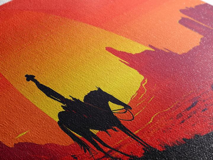 Silhouette Cowboy Crossing Orange Desert Sunset Wall Art, Southwestern Decor, Western Canvas Print, Extra Wide Horizontal Art